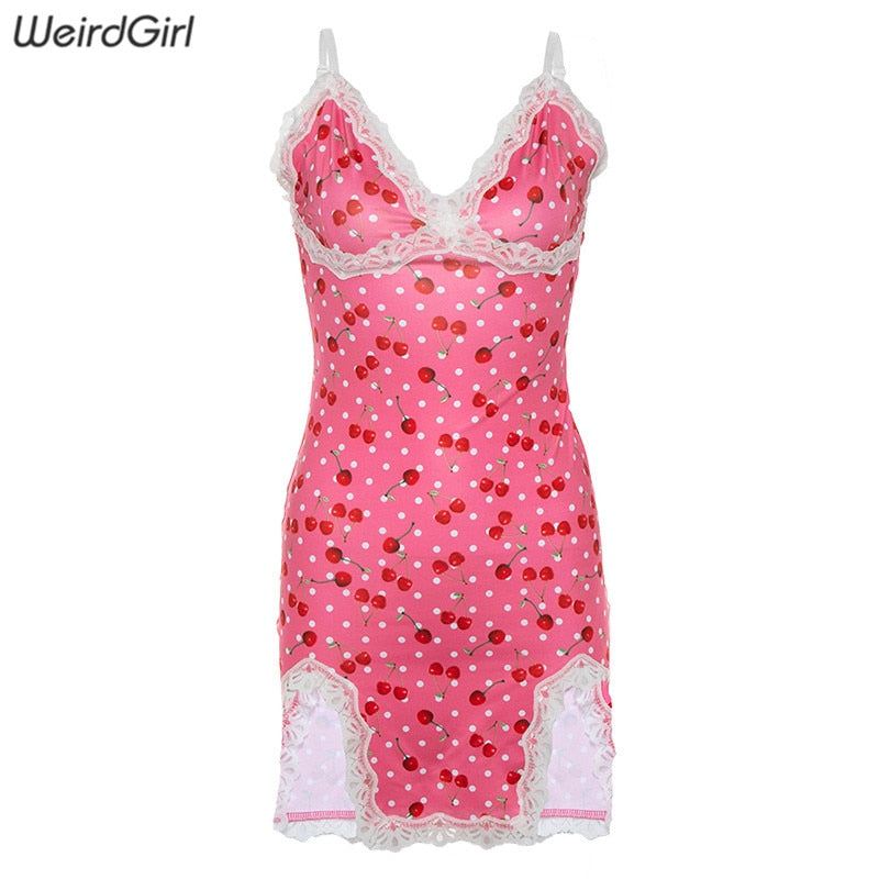 Women Lace Up Cherry Dot Print Sexy Dress Slip Cute Girl Pink Mini Vestidos Sleeveless v Neck Bodycon Femme Spaghetti Strap