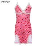 Women Lace Up Cherry Dot Print Sexy Dress Slip Cute Girl Pink Mini Vestidos Sleeveless v Neck Bodycon Femme Spaghetti Strap