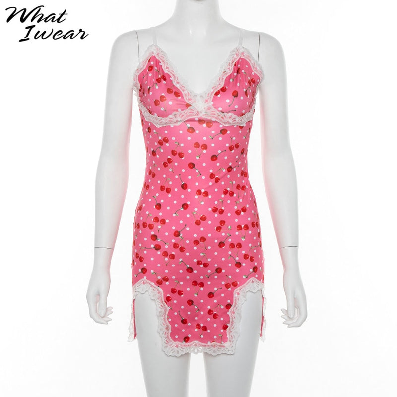 Women Lace Up Cherry Dot Print Sexy Dress Slip Cute Girl Pink Mini Vestidos Sleeveless v Neck Bodycon Femme Spaghetti Strap