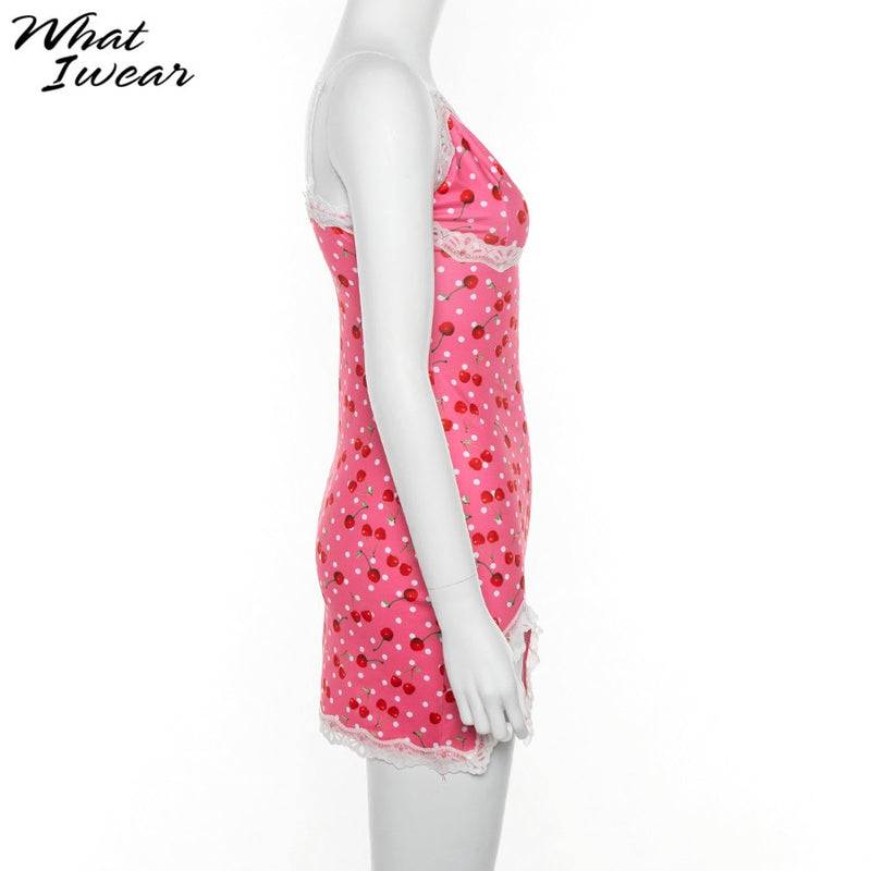 Women Lace Up Cherry Dot Print Sexy Dress Slip Cute Girl Pink Mini Vestidos Sleeveless v Neck Bodycon Femme Spaghetti Strap