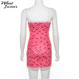 Women Lace Up Cherry Dot Print Sexy Dress Slip Cute Girl Pink Mini Vestidos Sleeveless v Neck Bodycon Femme Spaghetti Strap